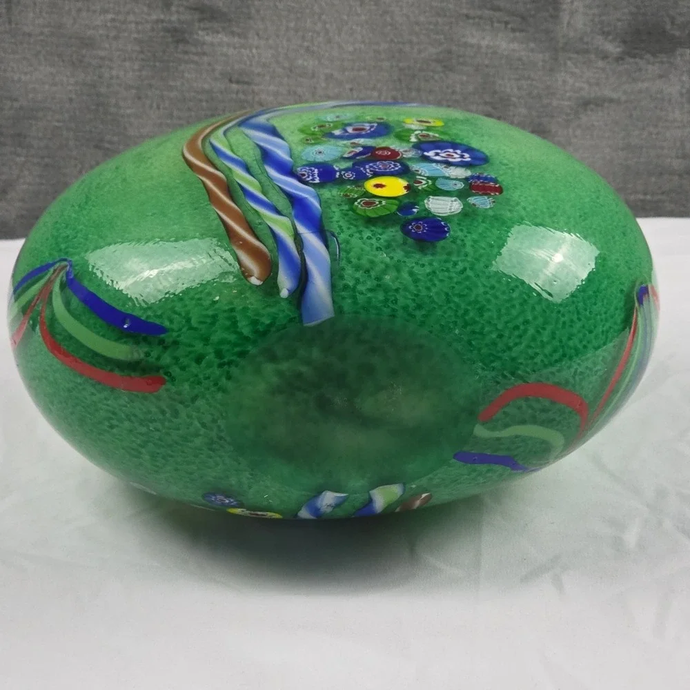 Murano Style Art Glass Vase Millefiori Yellow Green Double Handle Vase 11